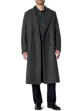 🆕 Men's Charcoal Relaxed Fit Double Breasted Wool Blend Longline Topcoat